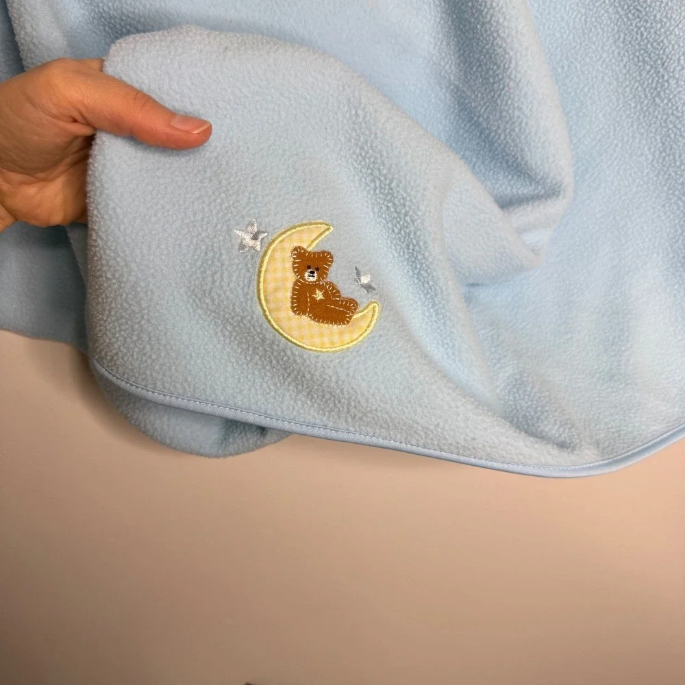 Cutie Pie Baby Blanket Blue Fleece Teddy Bear Moon Gingham Stripe Lining Vintage